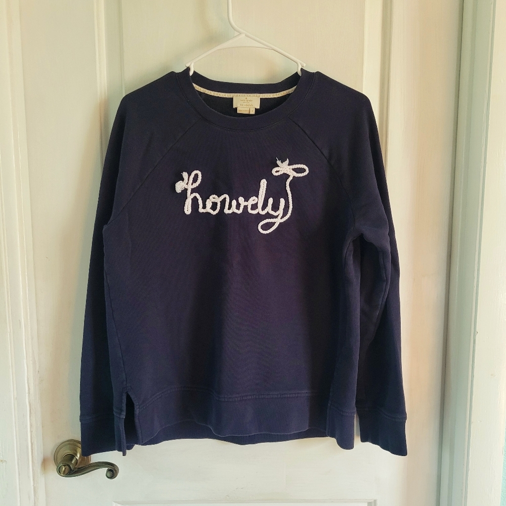 Kate Spade | Embroidered Navy Cotton Crewneck "Howdy" | Size Small